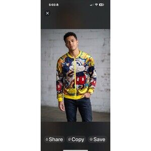 Mickey Mouse JJ Shop XL Velvet Zip Up Bomber Jacket Yellow Retro Pop Art Y2K 90s